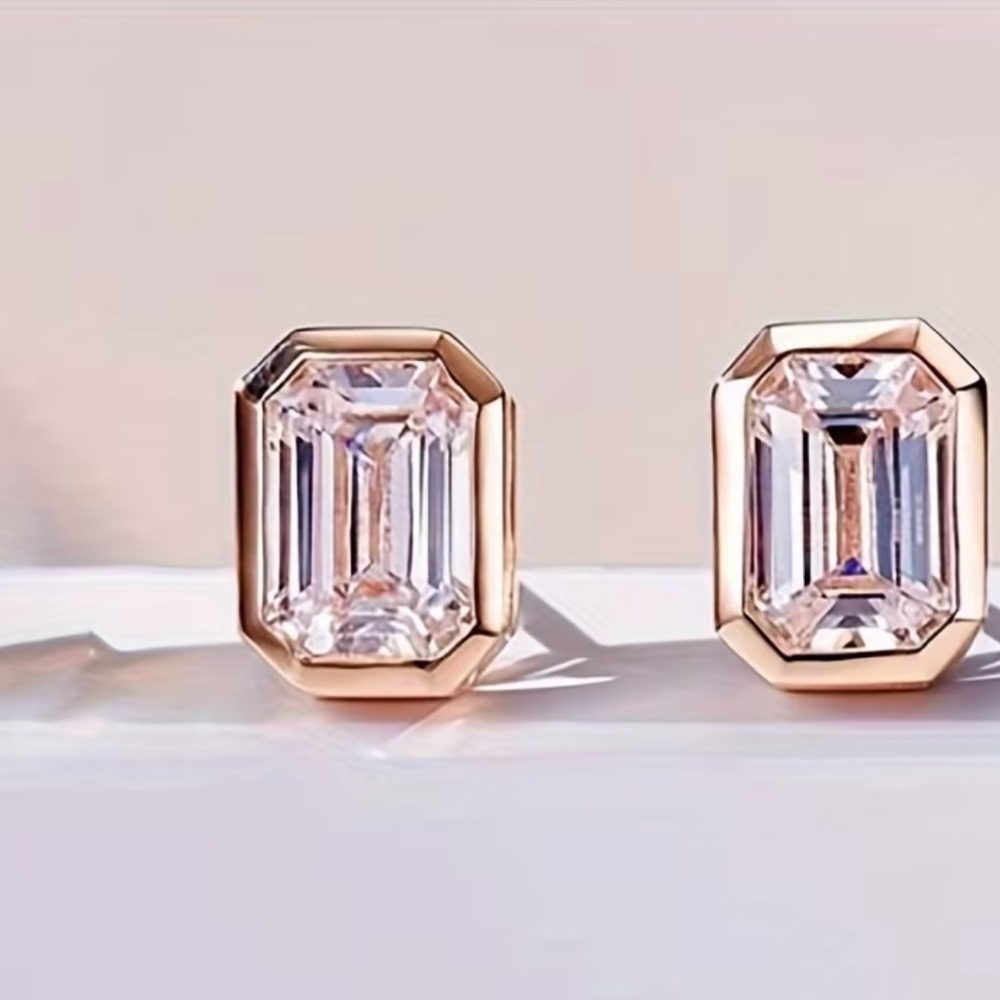 Modern Emerald Cut Diamond Studs • Bezel Set • Rose Gold Finish - Picture 3 of 5